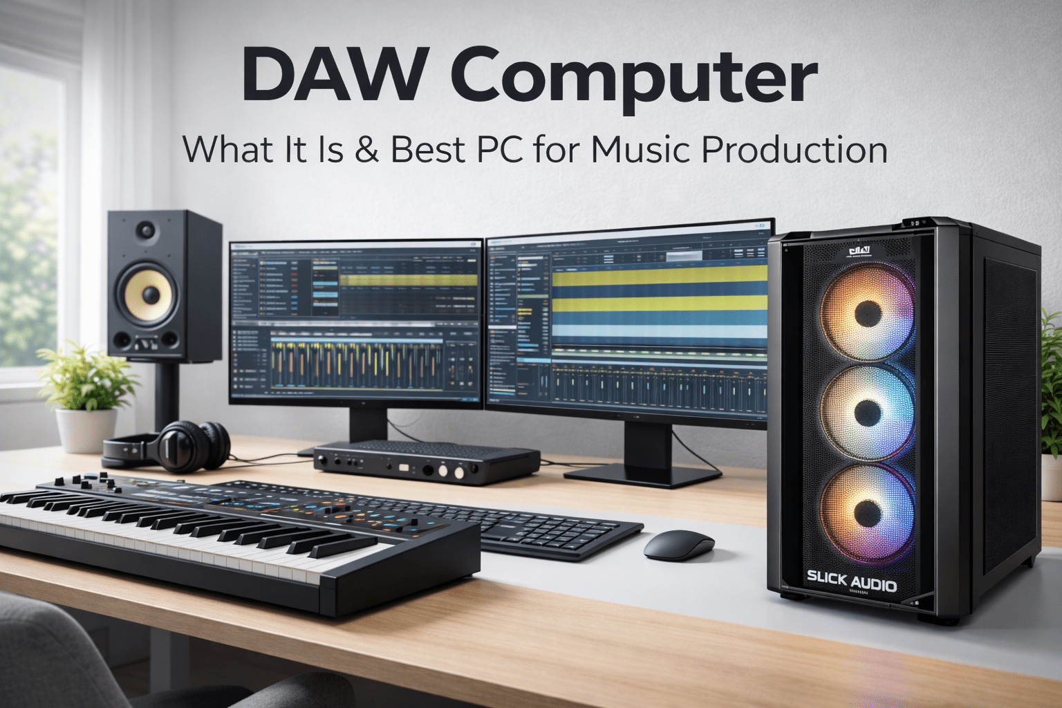 DAW computer setup for music production with dual monitors, MIDI keyboard, and low latency recording workstation