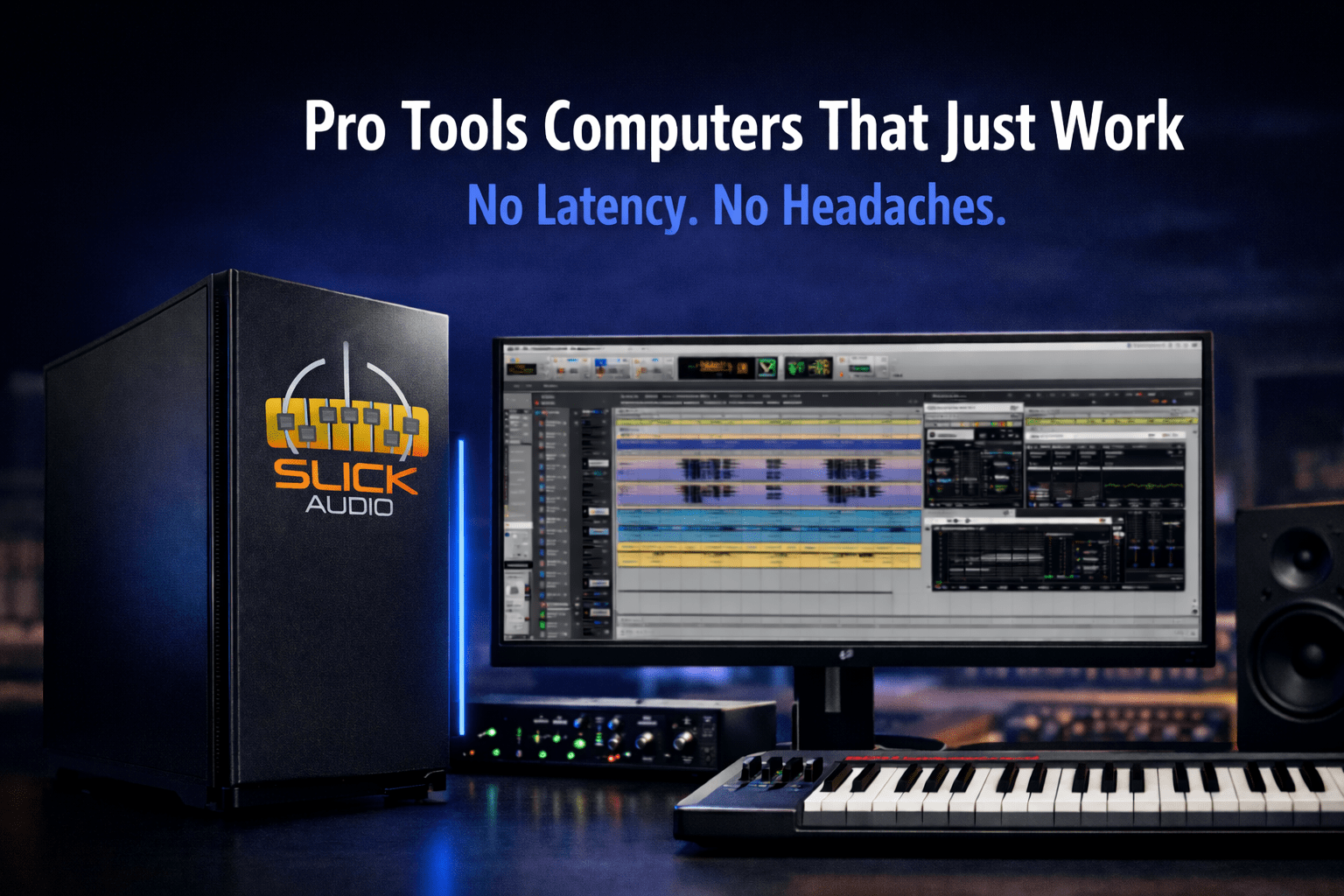 Pro Tools computer setup with Slick Audio PC designed for low latency music production and recording