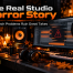 Studio desk setup for a podcast: monitor showing audio waveform with a red warning icon, microphone, headphones, and Halloween decorations (pumpkin, candles) in warm orange light; bold title text reads 'The Real Studio Horror Story'.